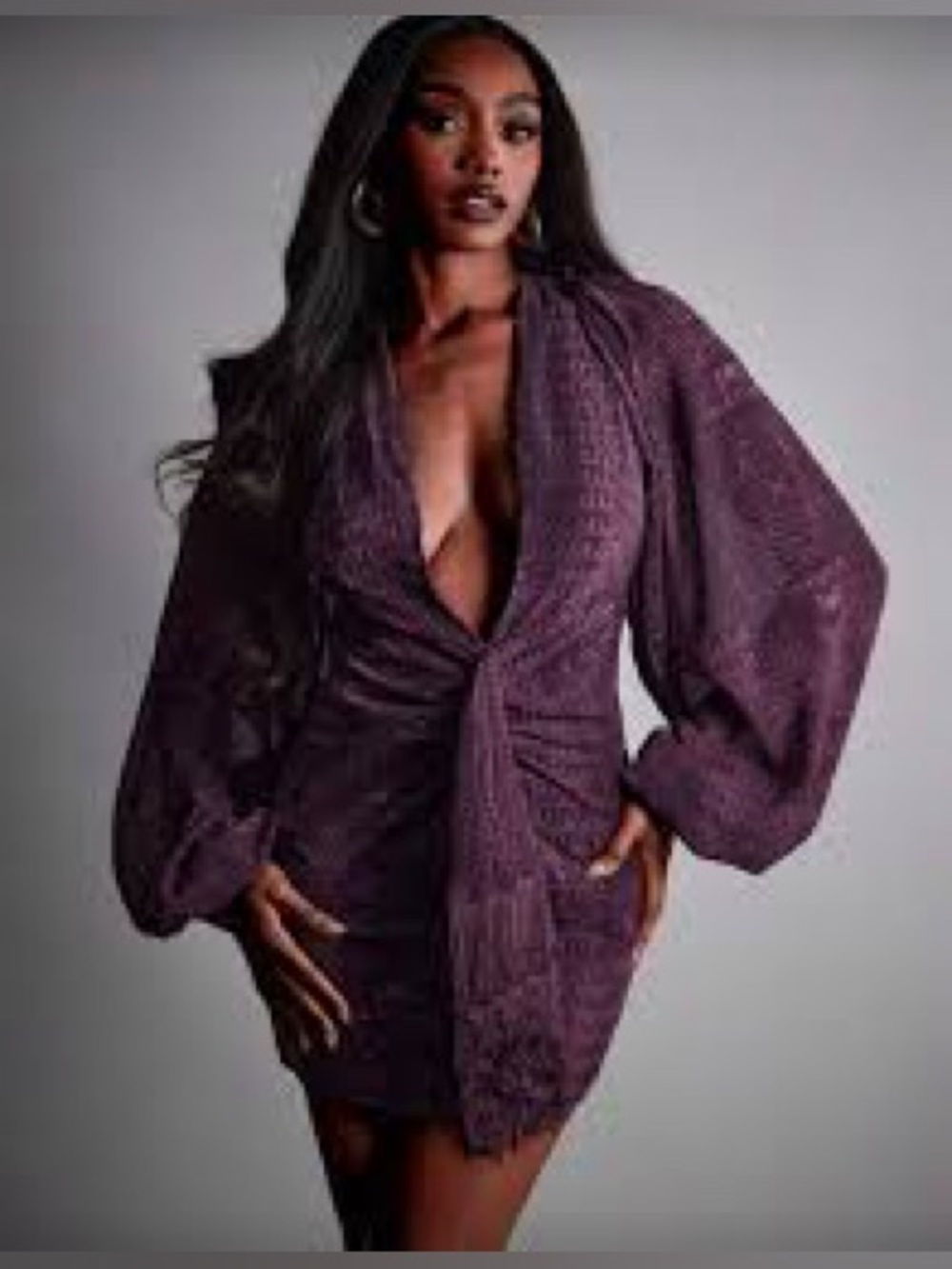 SHEIN Plum Deep V Balloon Sleeve Mini Dress